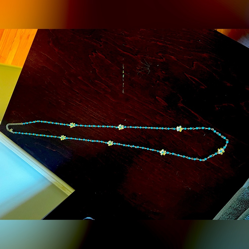 Long Blue and Gold Floral Necklace